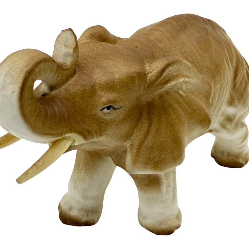 Vintage‎ Ceramic Elephant Figurine Trunk Up Good Luck Brown White Matte Finish